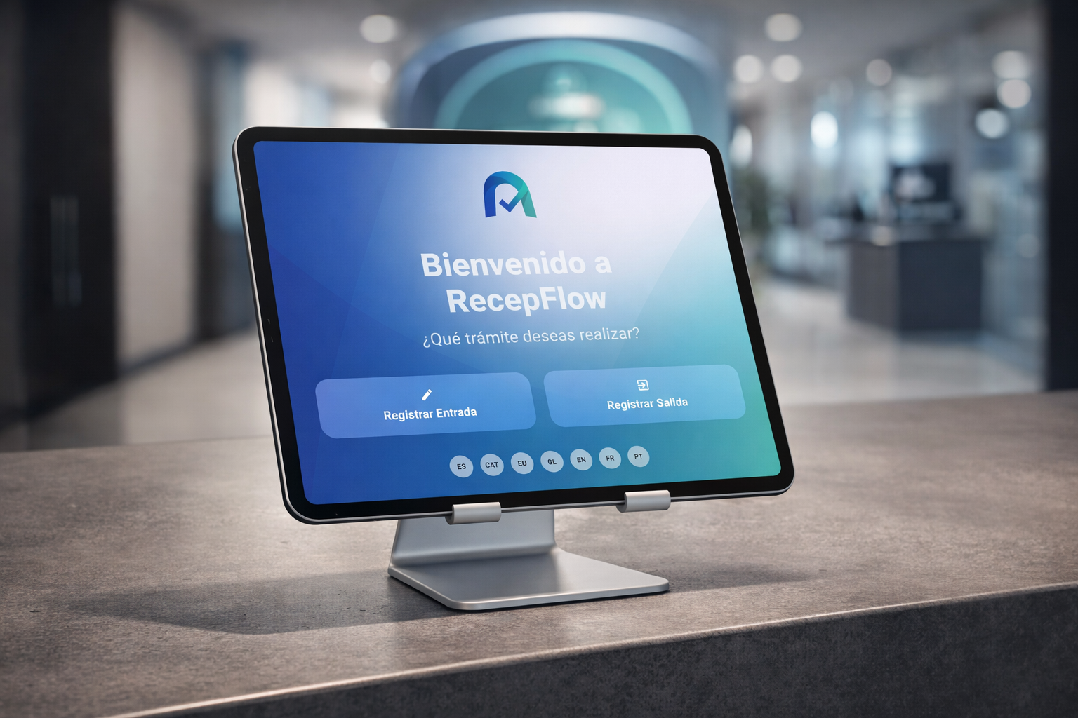 RecepFlow Kiosk en oficina moderna